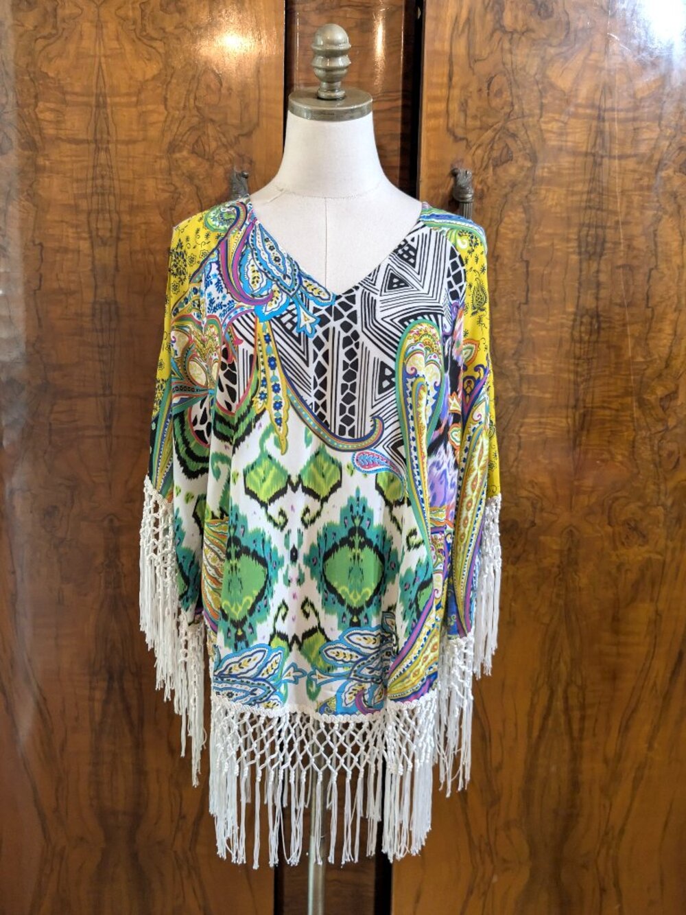Chico's Artsy Boho Mixed Media Cold Shoulder Fringed Tunic M 1 Multicolor